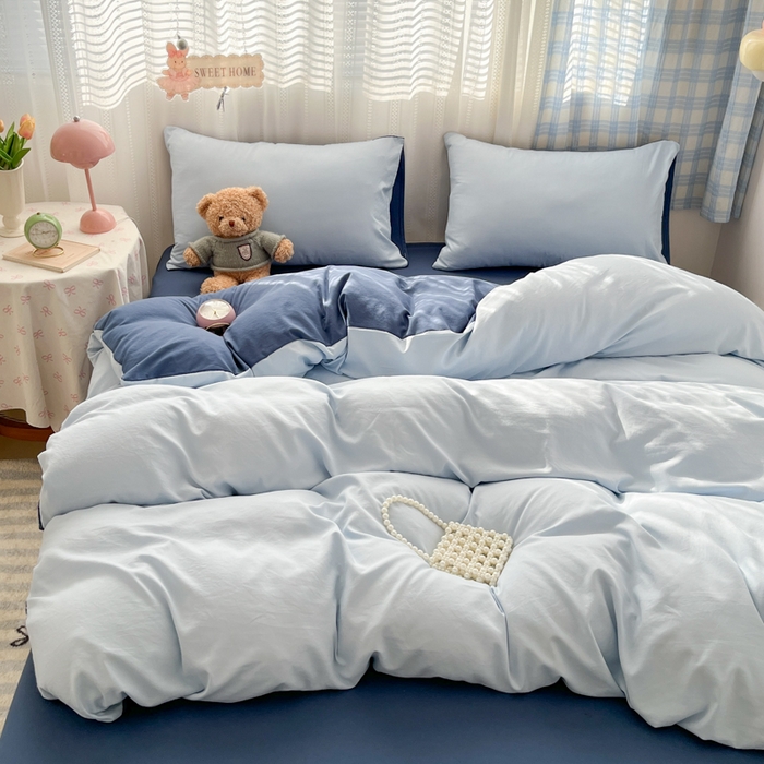 91家纺网 家纺一手货源 找家纺 雨帆家纺 2026新款素色双拼水洗棉混搭四件套 兰+深蓝