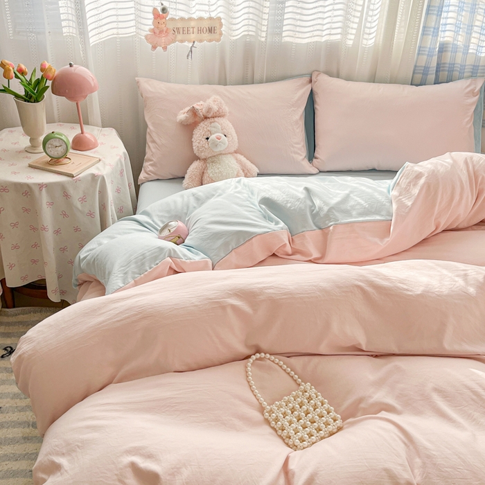 91家纺网 家纺一手货源 找家纺 雨帆家纺 2026新款素色双拼水洗棉混搭四件套 粉+天蓝