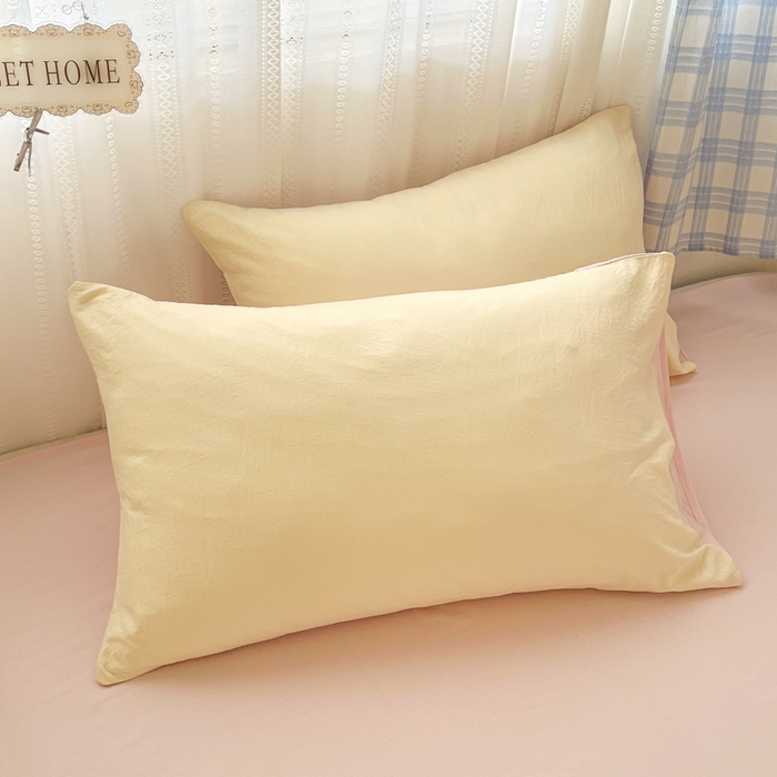 91家纺网 家纺一手货源 找家纺 雨帆家纺 2026新款素色双拼水洗棉混搭四件套 浅黄+粉