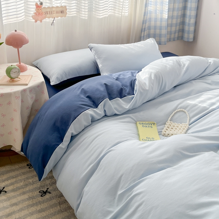 91家纺网 家纺一手货源 找家纺 雨帆家纺 2026新款素色双拼水洗棉混搭四件套 兰+深蓝