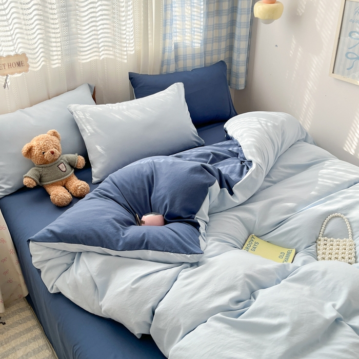 91家纺网 家纺一手货源 找家纺 雨帆家纺 2026新款素色双拼水洗棉混搭四件套 兰+深蓝