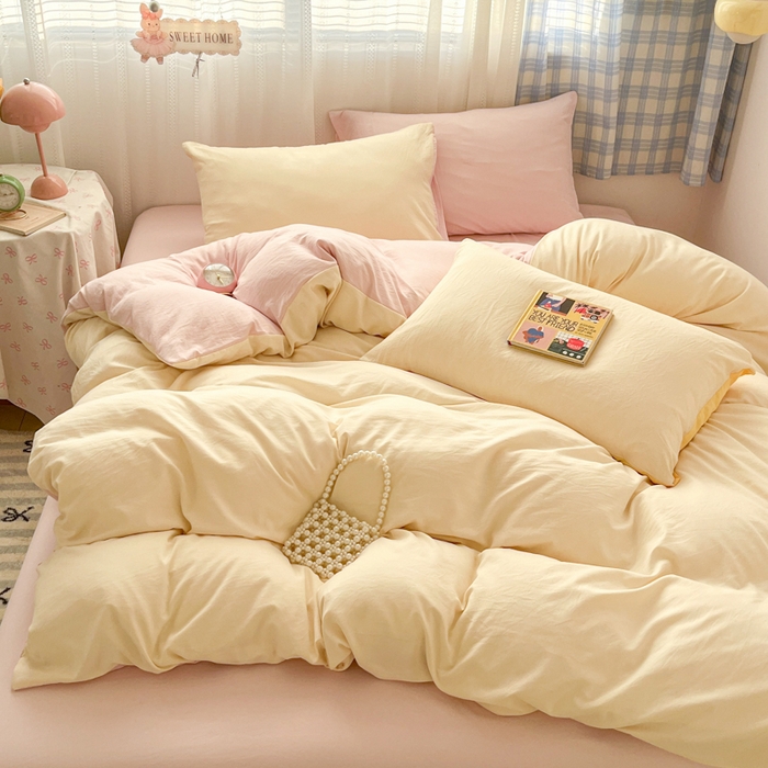 91家纺网 家纺一手货源 找家纺 雨帆家纺 2026新款素色双拼水洗棉混搭四件套 浅黄+粉