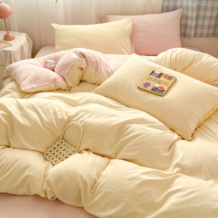 91家纺网 家纺一手货源 找家纺 雨帆家纺 2026新款素色双拼水洗棉混搭四件套 浅黄+粉