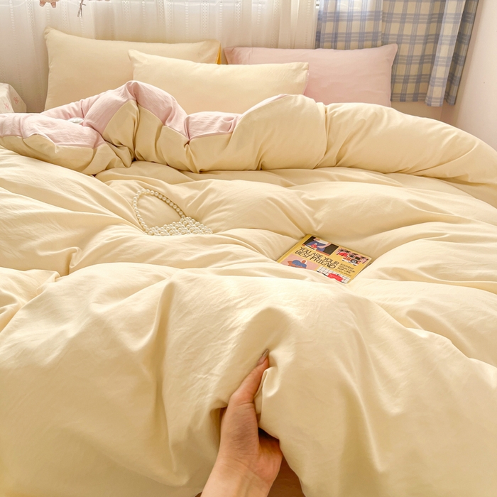 雨帆家纺 2026新款素色双拼水洗棉混搭四件套 浅黄+粉