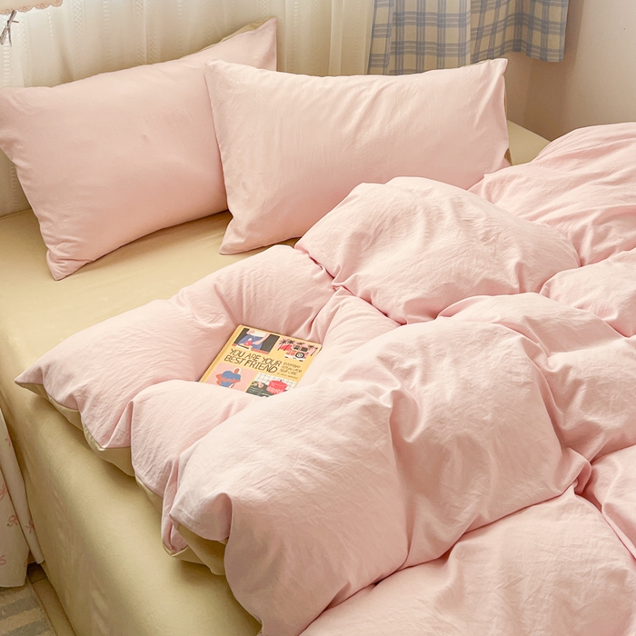 91家纺网 家纺一手货源 找家纺 雨帆家纺 2026新款素色双拼水洗棉混搭四件套 粉+浅黄