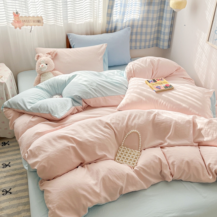 91家纺网 家纺一手货源 找家纺 雨帆家纺 2026新款素色双拼水洗棉混搭四件套 粉+天蓝