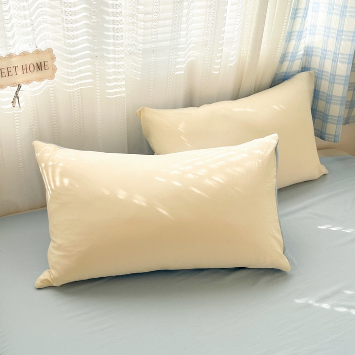 91家纺网 家纺一手货源 找家纺 雨帆家纺 2026新款素色双拼水洗棉混搭四件套 米黄+兰