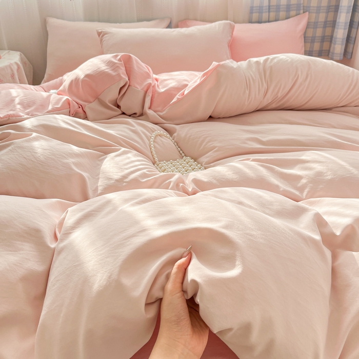 91家纺网 家纺一手货源 找家纺 雨帆家纺 2026新款素色双拼水洗棉混搭四件套 粉+玉