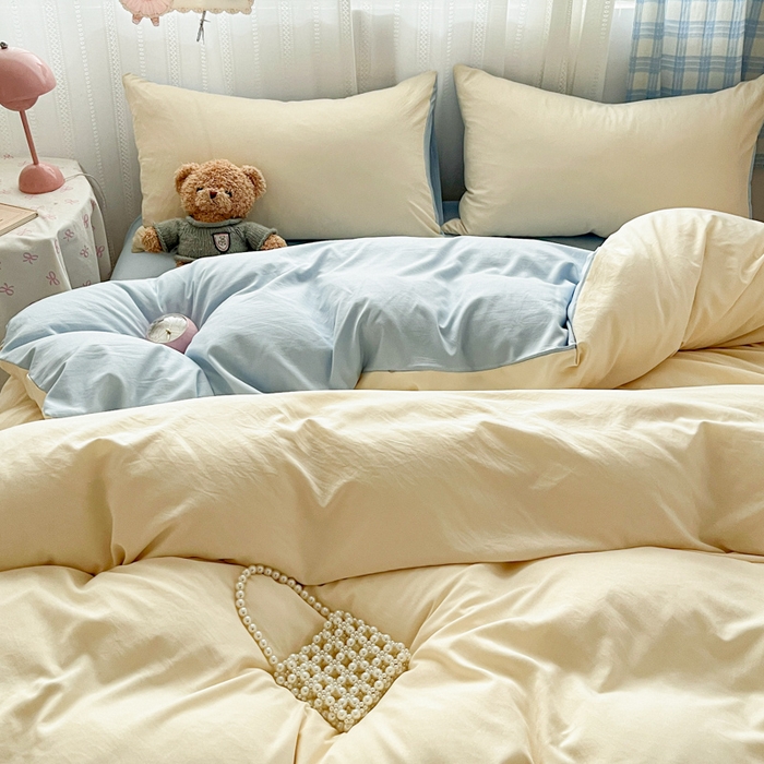 91家纺网 家纺一手货源 找家纺 雨帆家纺 2026新款素色双拼水洗棉混搭四件套 米黄+兰