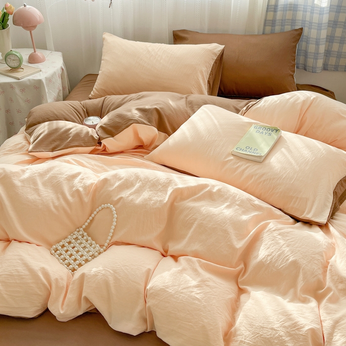 91家纺网 家纺一手货源 找家纺 雨帆家纺 2026新款素色双拼水洗棉混搭四件套 玉+咖