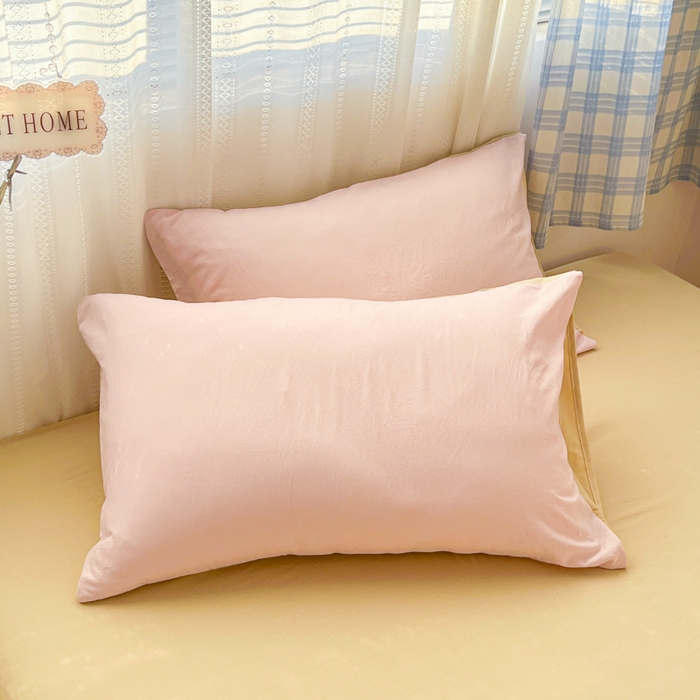 91家纺网 家纺一手货源 找家纺 雨帆家纺 2026新款素色双拼水洗棉混搭四件套 粉+浅黄