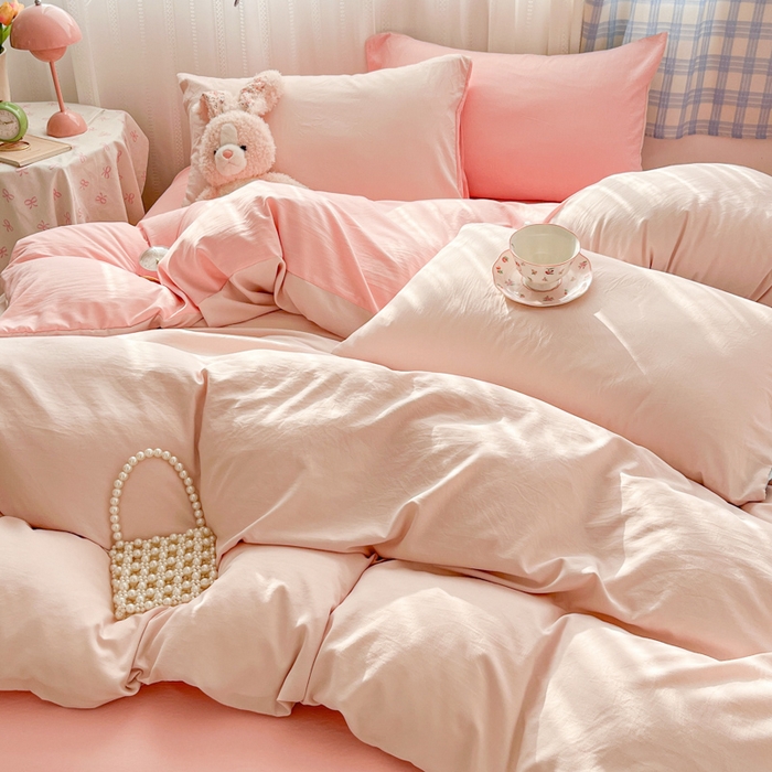 91家纺网 家纺一手货源 找家纺 雨帆家纺 2026新款素色双拼水洗棉混搭四件套 粉+玉