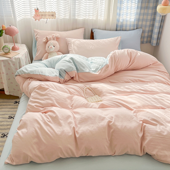 雨帆家纺 2026新款素色双拼水洗棉混搭四件套 粉+天蓝