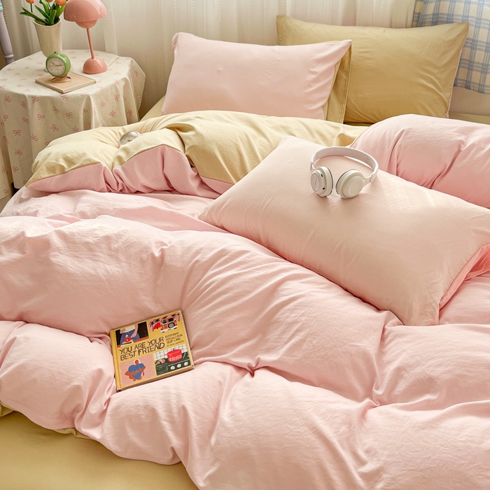 91家纺网 家纺一手货源 找家纺 雨帆家纺 2026新款素色双拼水洗棉混搭四件套 粉+浅黄