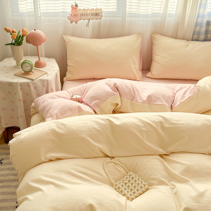 91家纺网 家纺一手货源 找家纺 雨帆家纺 2026新款素色双拼水洗棉混搭四件套 浅黄+粉