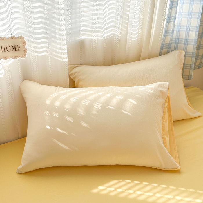 91家纺网 家纺一手货源 找家纺 雨帆家纺 2026新款素色双拼水洗棉混搭四件套 浅黄+黄