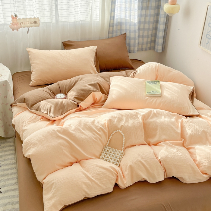 91家纺网 家纺一手货源 找家纺 雨帆家纺 2026新款素色双拼水洗棉混搭四件套 玉+咖