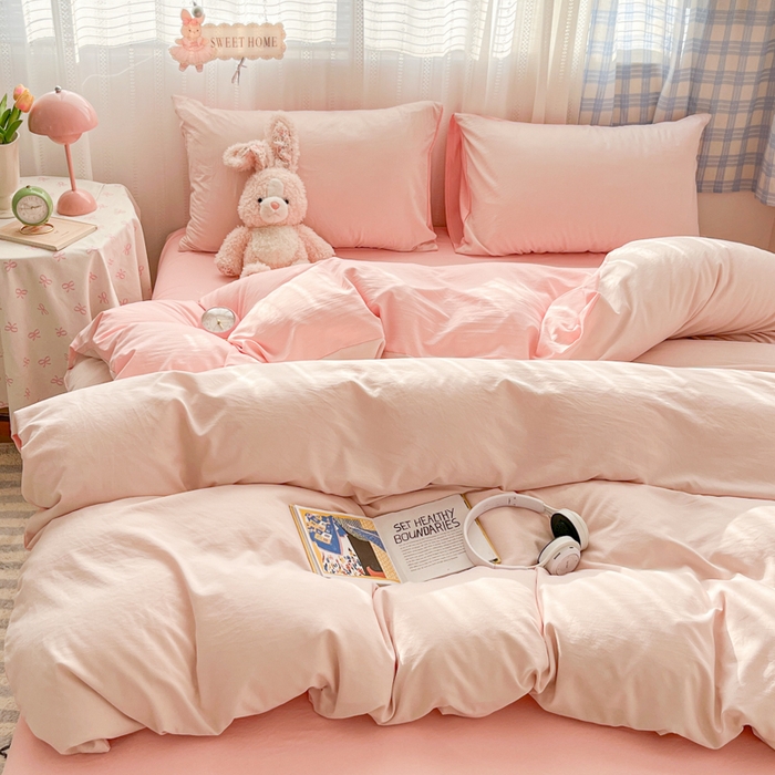 91家纺网 家纺一手货源 找家纺 雨帆家纺 2026新款素色双拼水洗棉混搭四件套 粉+玉