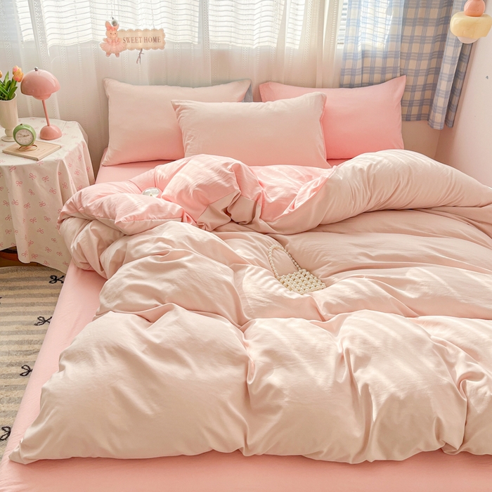 雨帆家纺 2026新款素色双拼水洗棉混搭四件套 粉+玉