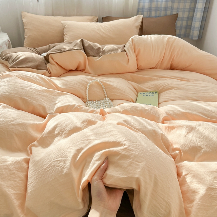 91家纺网 家纺一手货源 找家纺 雨帆家纺 2026新款素色双拼水洗棉混搭四件套 玉+咖