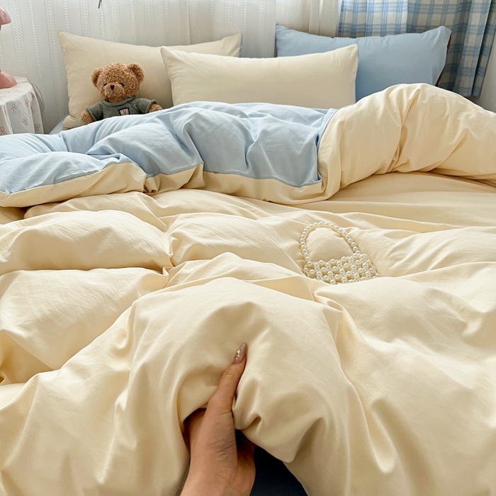 91家纺网 家纺一手货源 找家纺 雨帆家纺 2026新款素色双拼水洗棉混搭四件套 米黄+兰