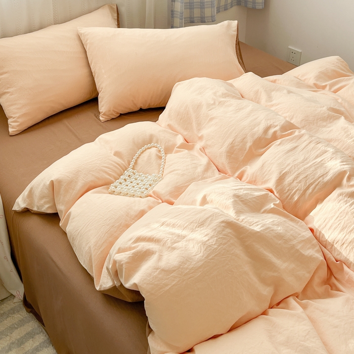 91家纺网 家纺一手货源 找家纺 雨帆家纺 2026新款素色双拼水洗棉混搭四件套 玉+咖