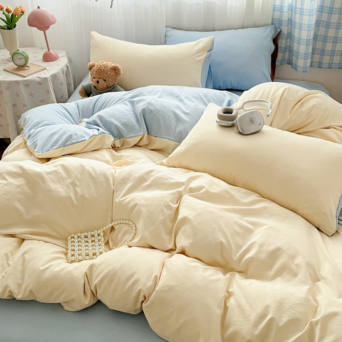 91家纺网 家纺一手货源 找家纺 雨帆家纺 2026新款素色双拼水洗棉混搭四件套 米黄+兰