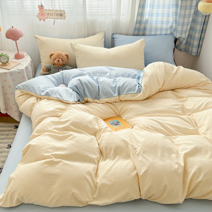 雨帆家纺 2026新款素色双拼水洗棉混搭四件套 米黄+兰