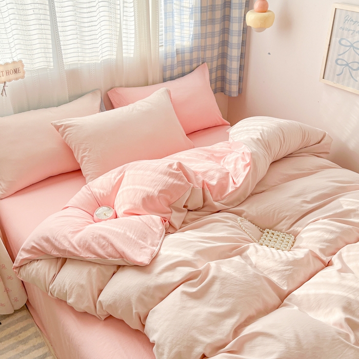 91家纺网 家纺一手货源 找家纺 雨帆家纺 2026新款素色双拼水洗棉混搭四件套 粉+玉