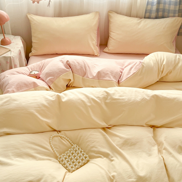 91家纺网 家纺一手货源 找家纺 雨帆家纺 2026新款素色双拼水洗棉混搭四件套 浅黄+粉