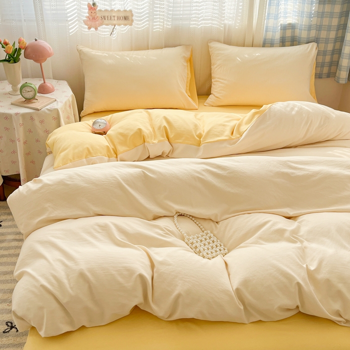 91家纺网 家纺一手货源 找家纺 雨帆家纺 2026新款素色双拼水洗棉混搭四件套 浅黄+黄