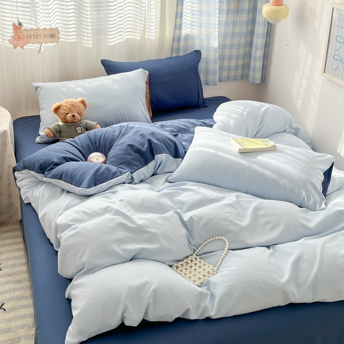 91家纺网 家纺一手货源 找家纺 雨帆家纺 2026新款素色双拼水洗棉混搭四件套 兰+深蓝