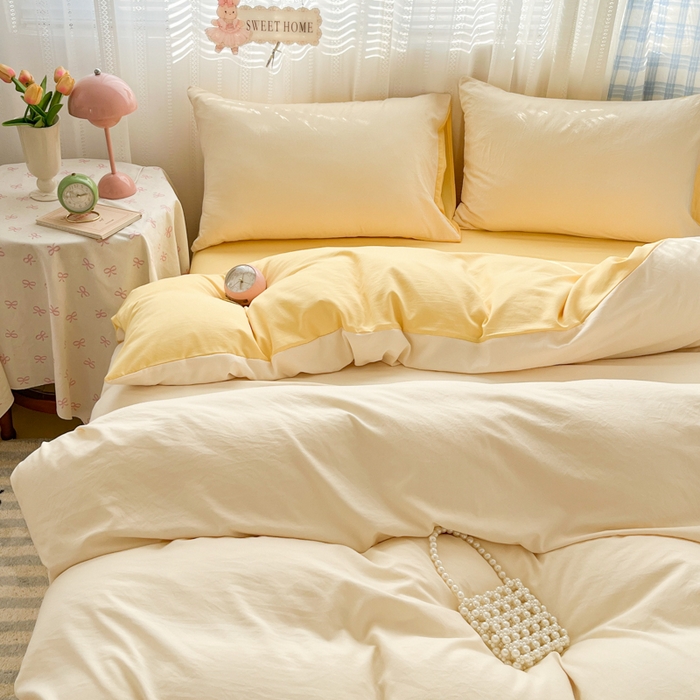 91家纺网 家纺一手货源 找家纺 雨帆家纺 2026新款素色双拼水洗棉混搭四件套 浅黄+黄