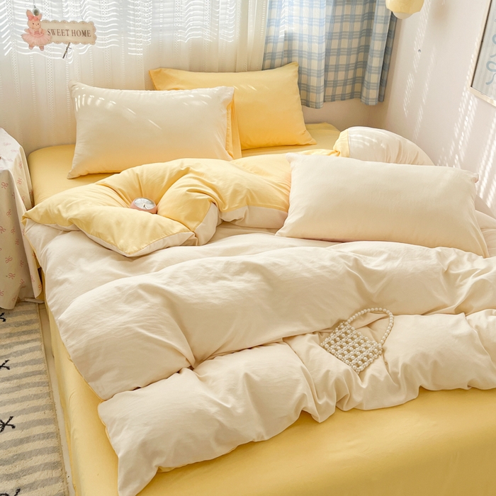 91家纺网 家纺一手货源 找家纺 雨帆家纺 2026新款素色双拼水洗棉混搭四件套 浅黄+黄
