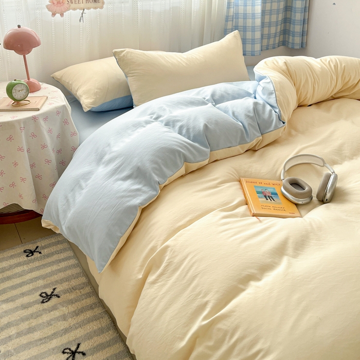 91家纺网 家纺一手货源 找家纺 雨帆家纺 2026新款素色双拼水洗棉混搭四件套 米黄+兰
