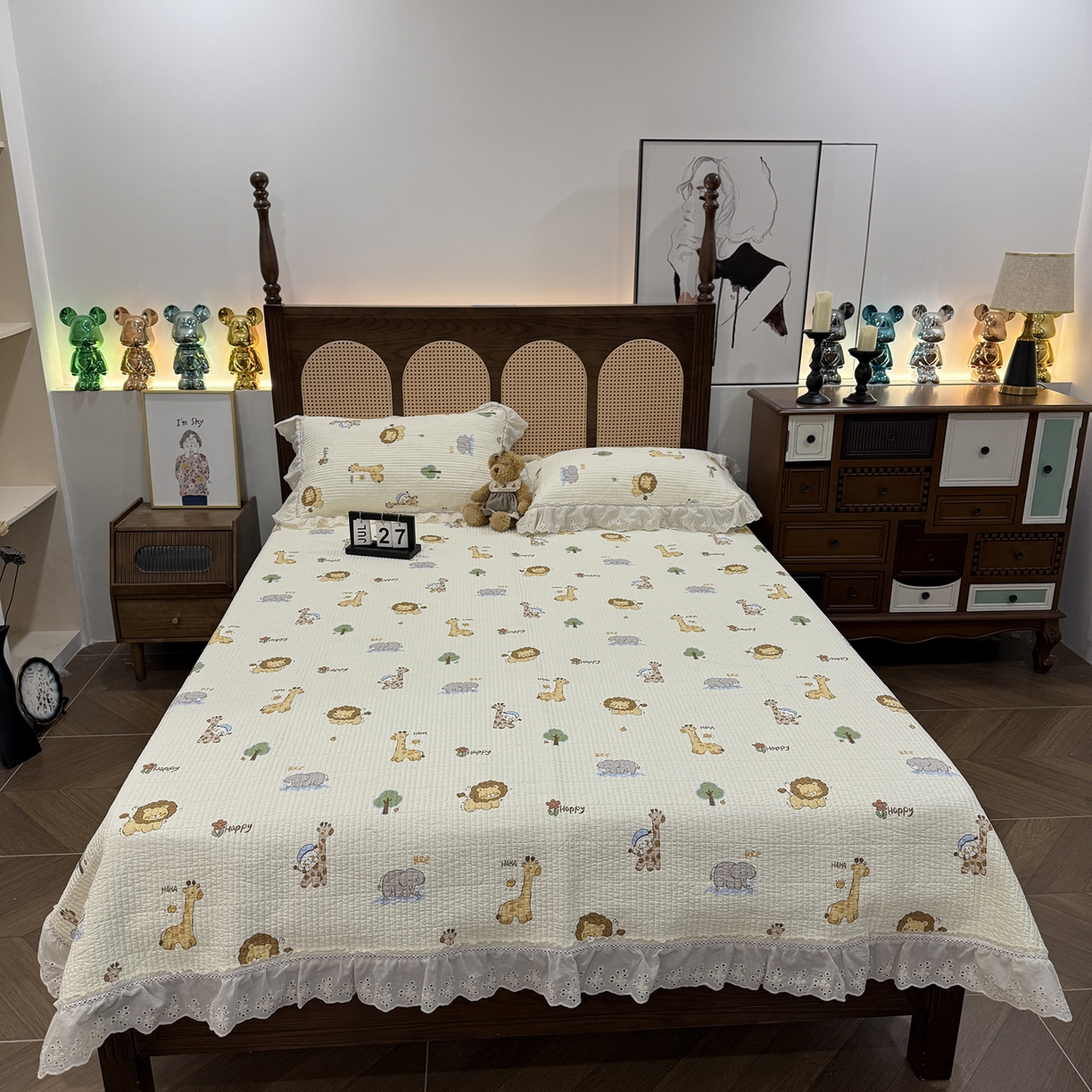 91家纺网 家纺一手货源 找家纺 欣宜家纺 2026新款法式双面全棉填充棉花加厚花边床盖三件套 游乐园