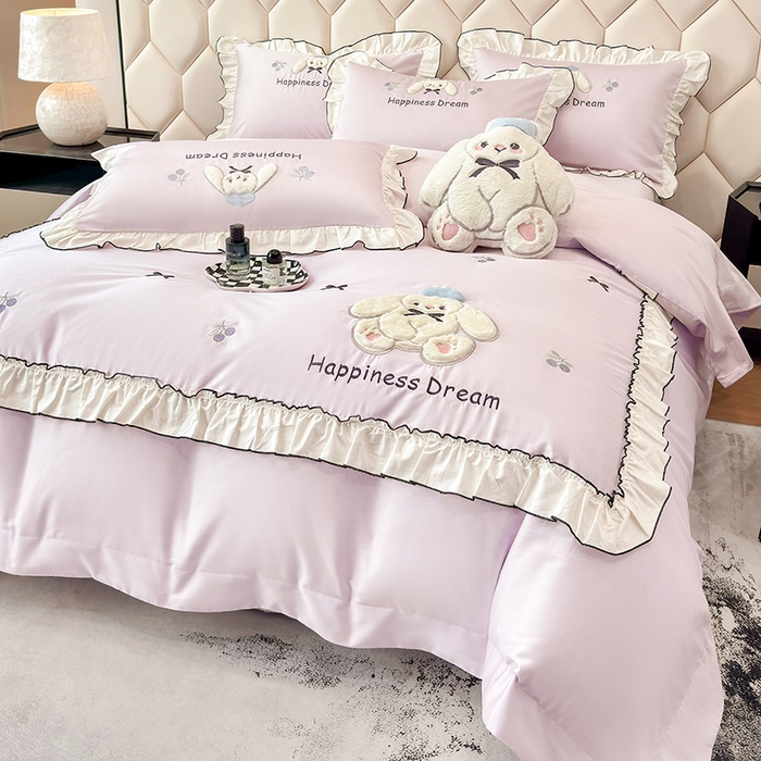 丞音家纺 2026新款卡通风少女心A类50s双股100支贡缎长绒棉四件套刺绣全棉被套绣花床笠高档礼盒装 萌兔恋曲-香芋紫
