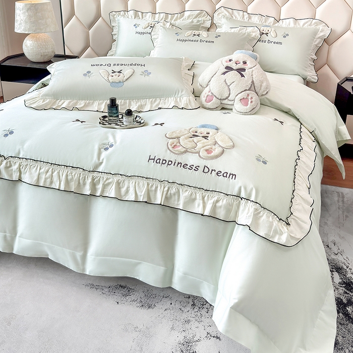 丞音家纺 2026新款卡通风少女心A类50s双股100支贡缎长绒棉四件套刺绣全棉被套绣花床笠高档礼盒装 萌兔恋曲-清新绿