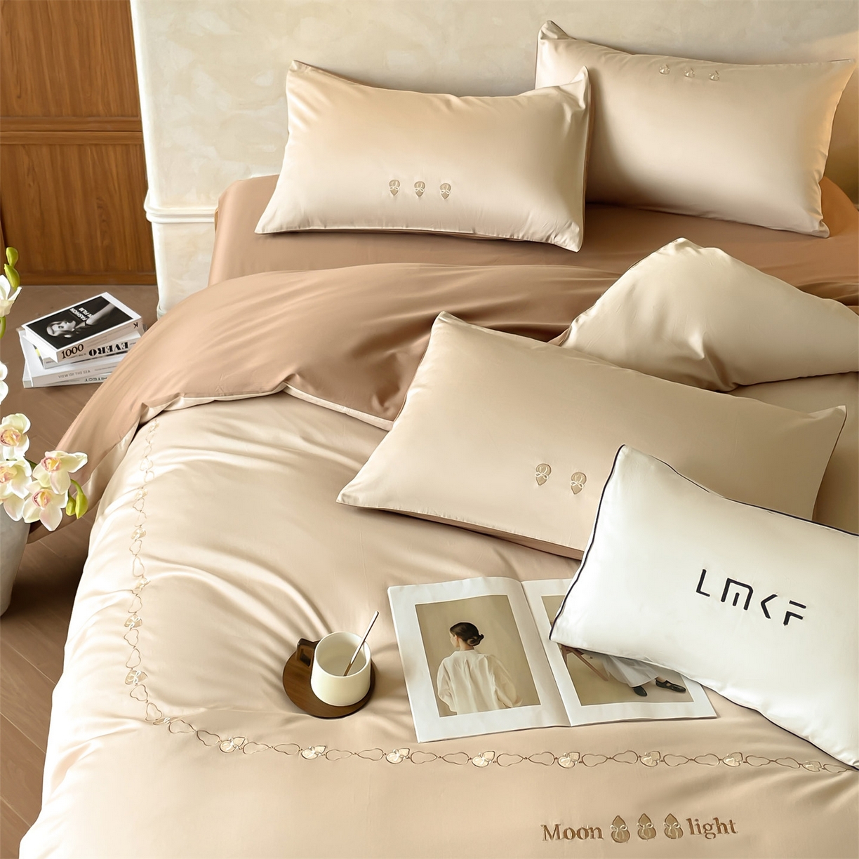 91家纺网 家纺一手货源 找家纺 蓝米卡夫 2026春季新款-60S长绒棉贡缎刺绣系列四件套-福芦（礼盒） 福芦-玛卡+可可棕