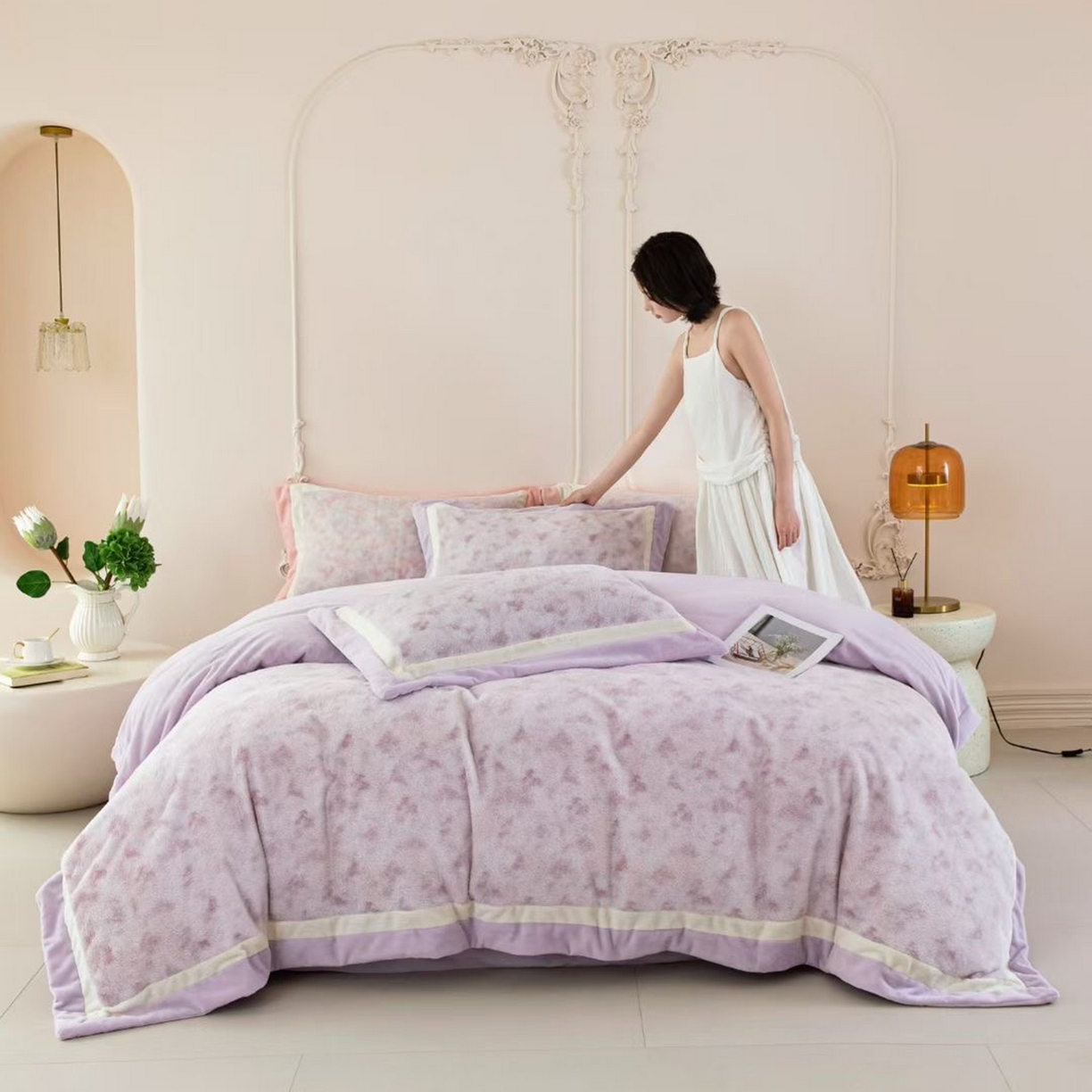 91家纺网 家纺一手货源 找家纺 玖琳家纺 2026新款高端高克重水貂绒四件套 浅浅 紫色