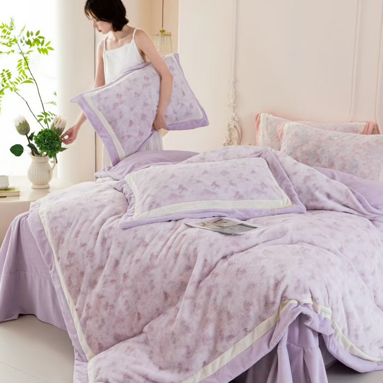 91家纺网 家纺一手货源 找家纺 玖琳家纺 2026新款高端高克重水貂绒四件套 浅浅 紫色