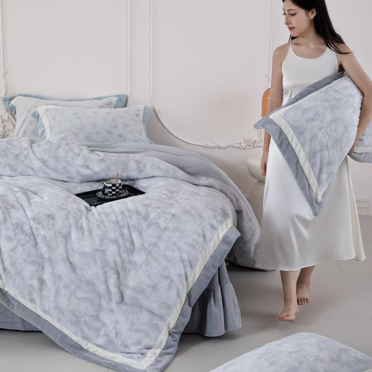 91家纺网 家纺一手货源 找家纺 玖琳家纺 2026新款高端高克重水貂绒四件套 远山 灰色