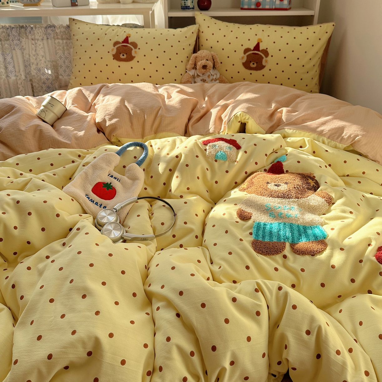 91家纺网 家纺一手货源 找家纺 美乐迪家纺 2026新款云感双层纱毛巾绣四件套 熊仔墩墩