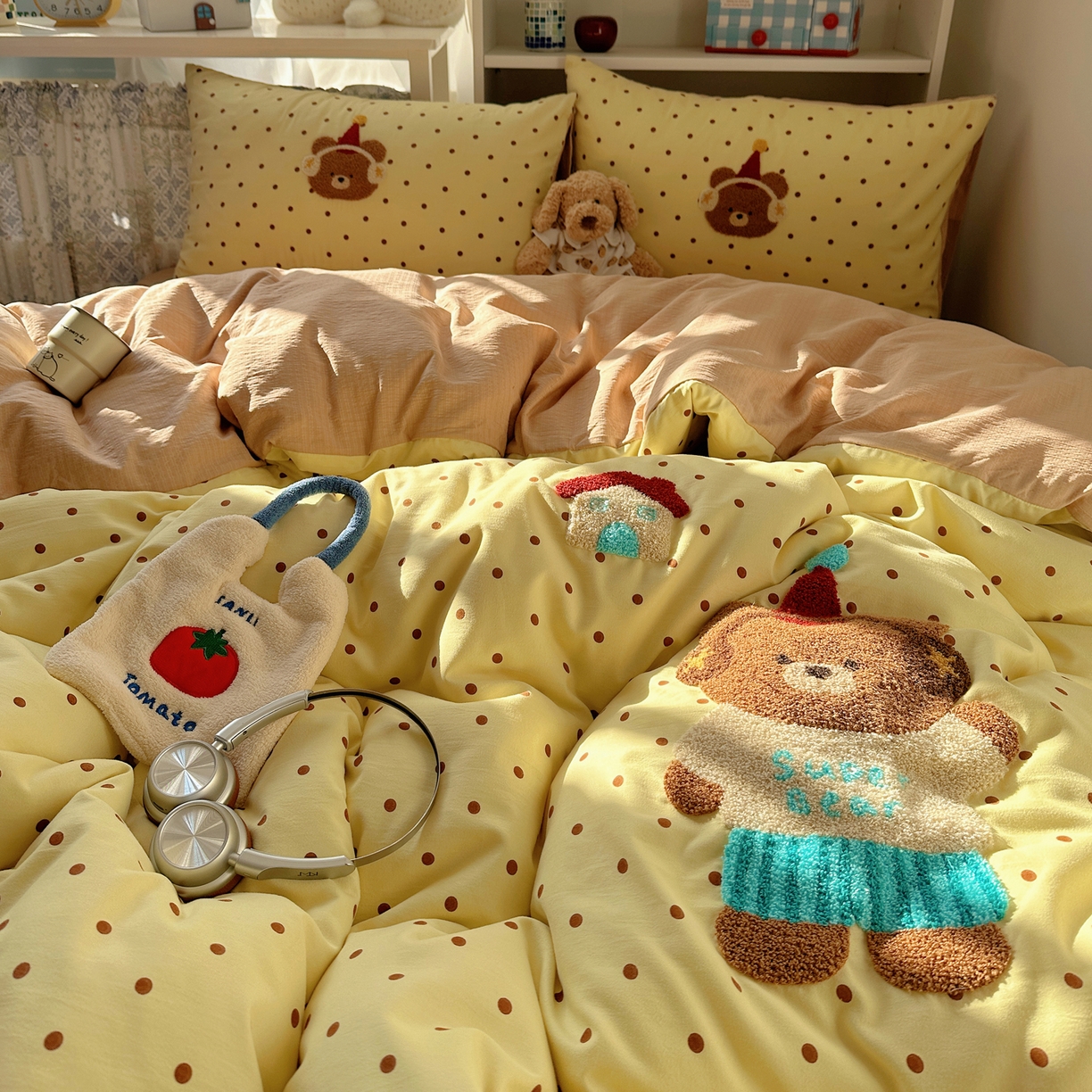 91家纺网 家纺一手货源 找家纺 美乐迪家纺 2026新款云感双层纱毛巾绣四件套 熊仔墩墩