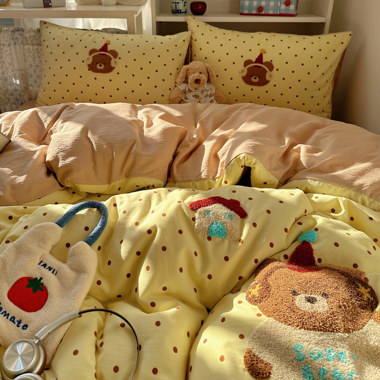 91家纺网 家纺一手货源 找家纺 美乐迪家纺 2026新款云感双层纱毛巾绣四件套 熊仔墩墩