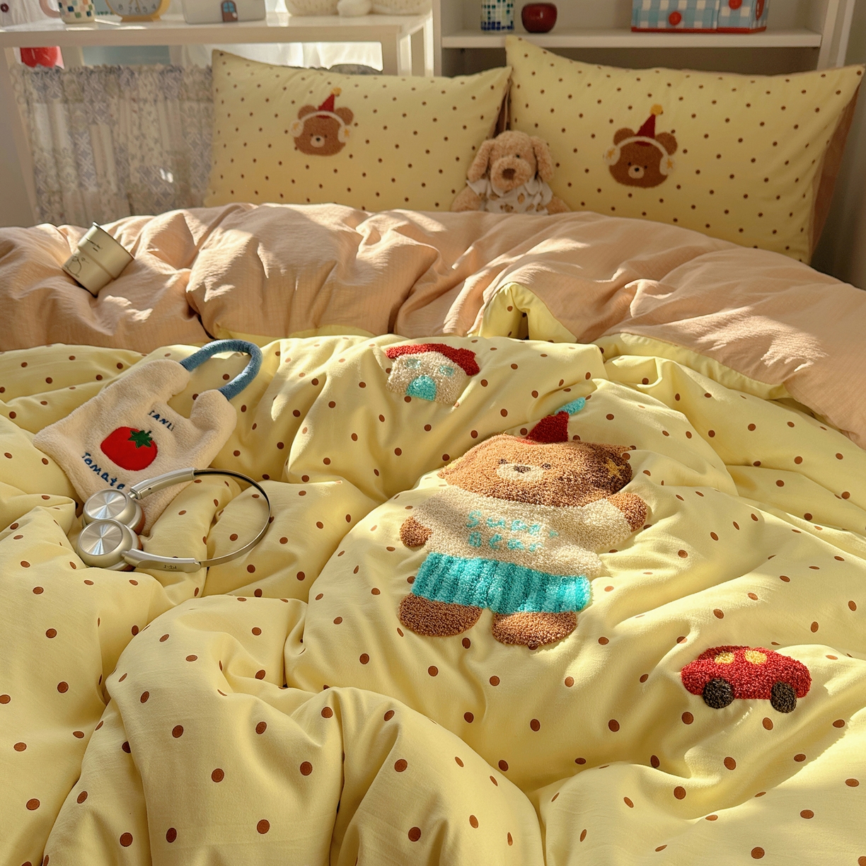 91家纺网 家纺一手货源 找家纺 美乐迪家纺 2026新款云感双层纱毛巾绣四件套 熊仔墩墩