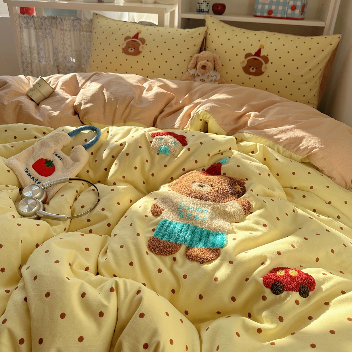 91家纺网 家纺一手货源 找家纺 美乐迪家纺 2026新款云感双层纱毛巾绣四件套 熊仔墩墩