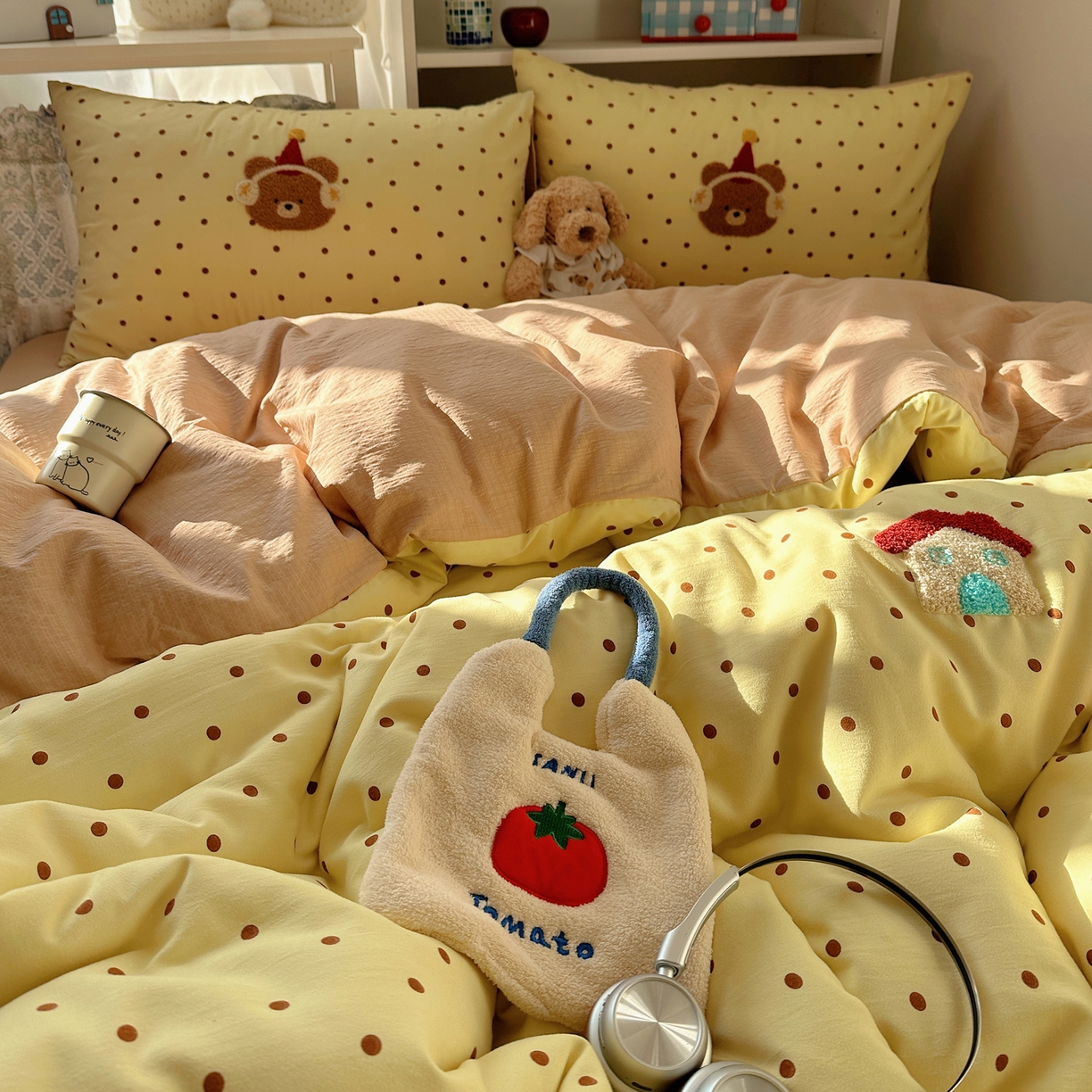 91家纺网 家纺一手货源 找家纺 美乐迪家纺 2026新款云感双层纱毛巾绣四件套 熊仔墩墩