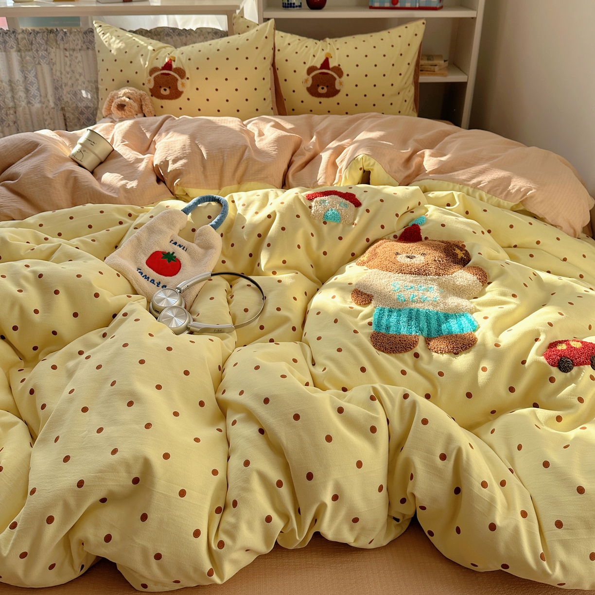 91家纺网 家纺一手货源 找家纺 美乐迪家纺 2026新款云感双层纱毛巾绣四件套 熊仔墩墩