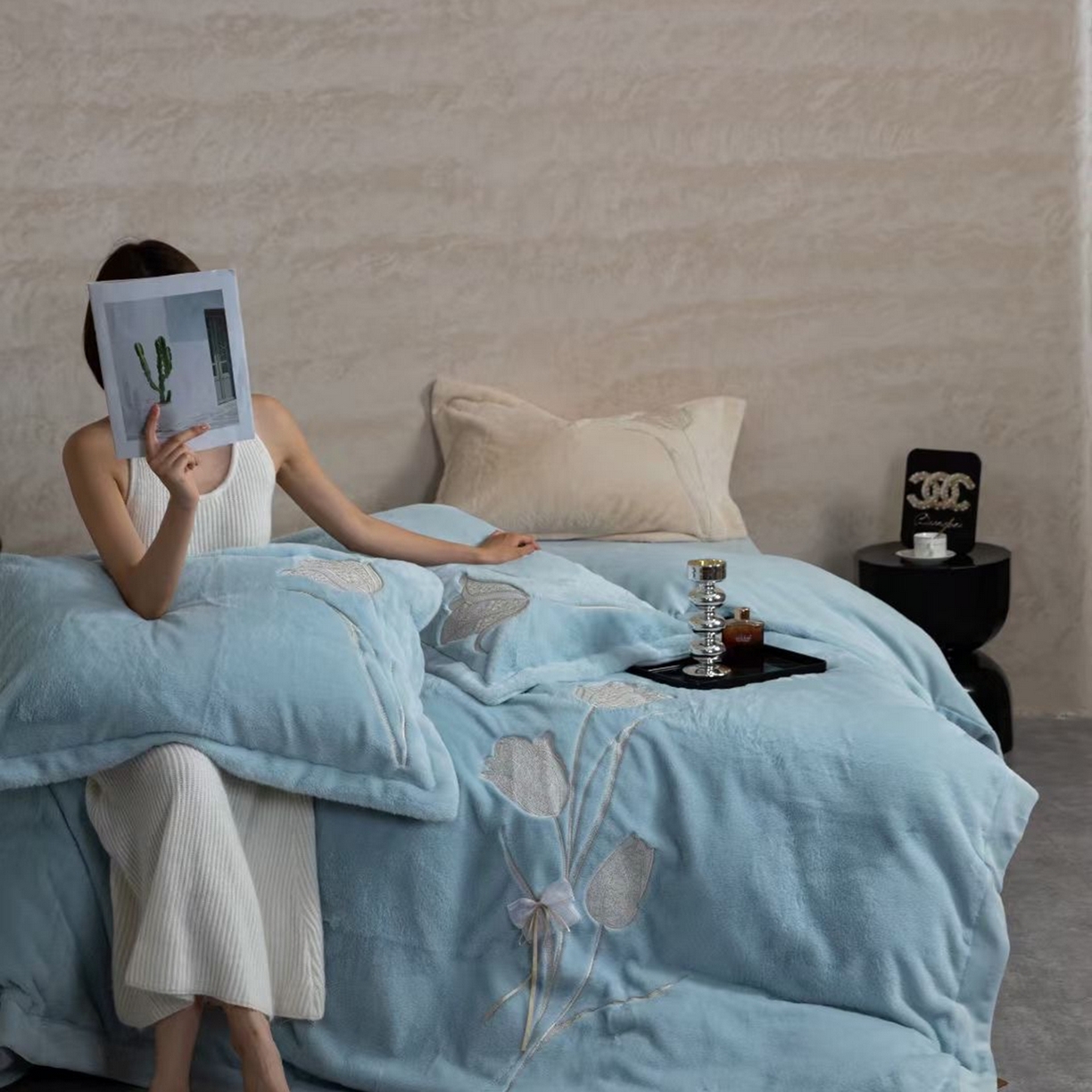 玖琳家纺 2026新款高端高克重水貂绒四件套-漫枝系列 漫枝 蓝色